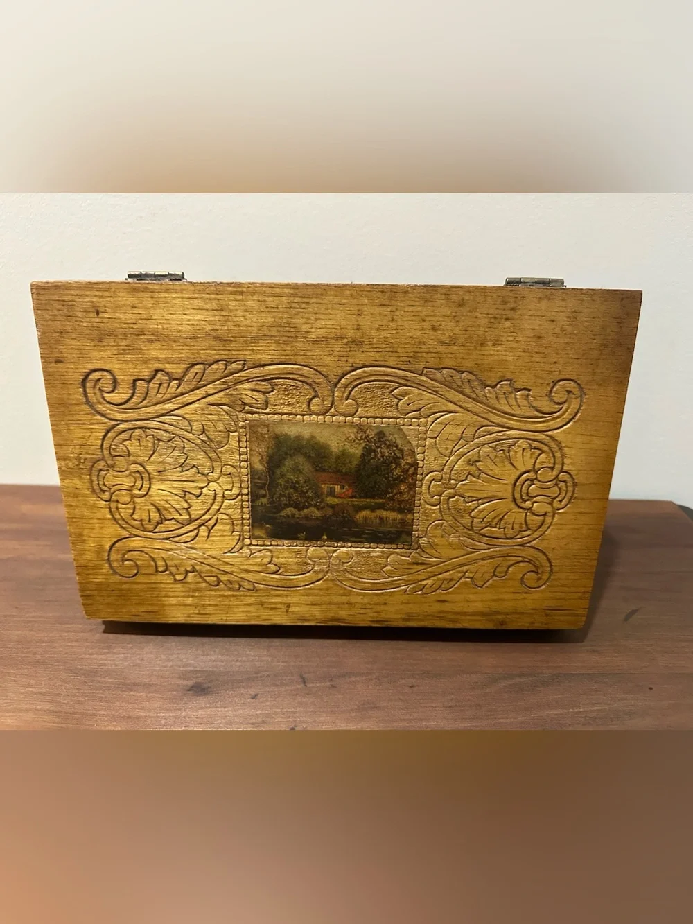 Vintage Ornate Wood Decorative Box with Scenic picture